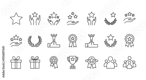 Collection of Award and Success Icons: Star, Trophy, Ribbon, Laurel Wreath, Podium, Gift Box, People Group - Vector Style Graphic for Achievement and Recognition Concepts