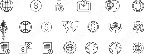 Minimal global business and finance line icon set featuring world, money, document, and network symbols, clean corporate infographic elements for analytics dashboards, reports, presentations, and mark