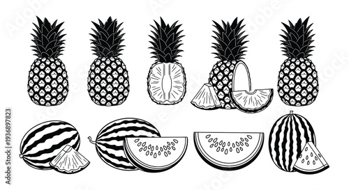 Black and white illustration depicting pineapples and watermelon slices