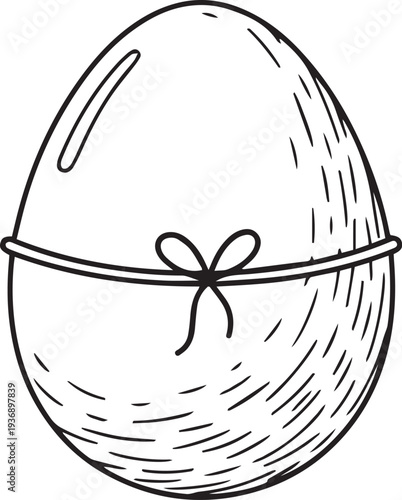 A detailed, hand-drawn egg illustration. The eggshell is textured with fine, parallel lines.