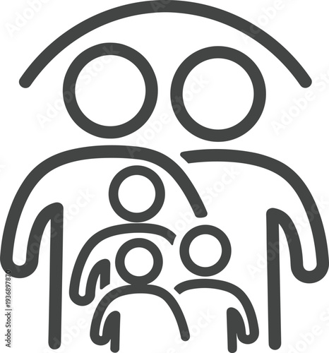 Family Protection and Parenting Line Icon with Parents and Children Under Care, Safety, Support, Child Protection, Social Welfare and Family Insurance Concept
