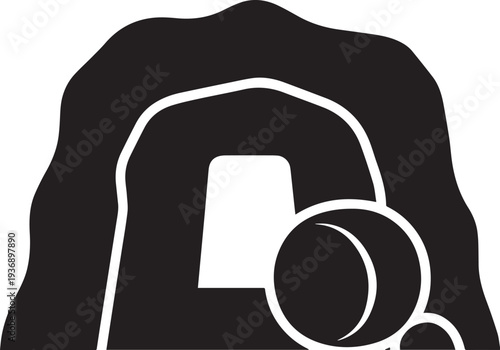 A stylized black and white icon depicts a cave entrance with a large, rounded archway. Inside the cave, a smaller, spherical object is rolling down a slope.