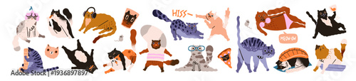 Set of cute and comic cats. Funny kitties in different poses: hissing, lying, washing and stretching. Adorable pets play, naughty animals have fun. Flat isolated vector illustrations on white.