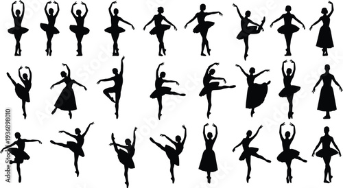 Black silhouette vector collection of graceful ballerinas performing various ballet dance poses and artistic movements isolated on a white background.