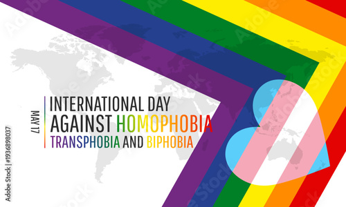 International Day Against Homophobia, Transphobia and Biphobia template with pride flag on world map background
