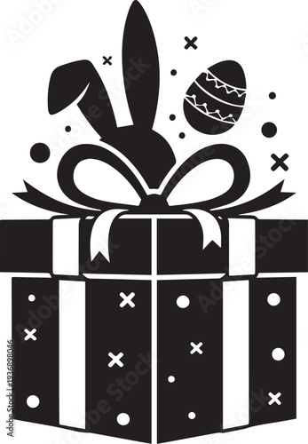 A black and white gift box is filled with Easter elements. A rabbit's ears peek out from the top, and there are decorated Easter eggs and scattered dots within the box.