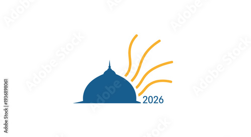 Simple blue mosque logo design with sunrise elements for 2026 event.