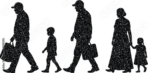 Family walking silhouettes with father, mother and children in textured grunge style, people figures moving together isolated on white background for lifestyle concept