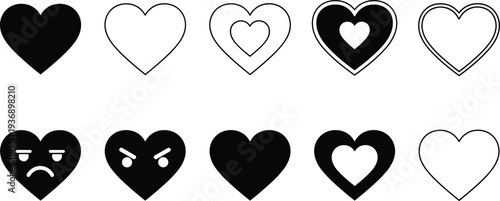 Heart icon collection with love symbols, outline and filled heart shapes including emotional expressions isolated on white background for romance and social media design