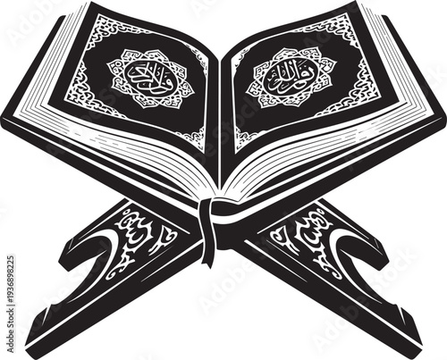 A black open book displays the Quran with ornate decorations. The book is held open with curved supports, and the pages are adorned with Arabic calligraphy and geometric patterns.