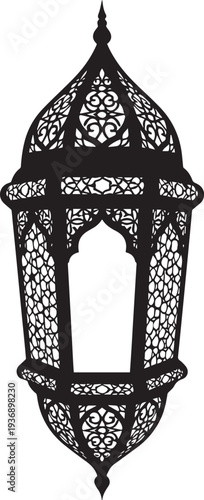 A black silhouette of an ornate, Moroccan-style lantern is depicted against a white background. The lantern features intricate geometric patterns and a pointed finial.