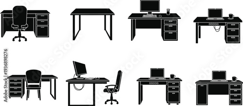 Collection of modern office desk silhouettes featuring computer workstations laptop setups minimalist study tables ergonomic chairs and professional furniture design.