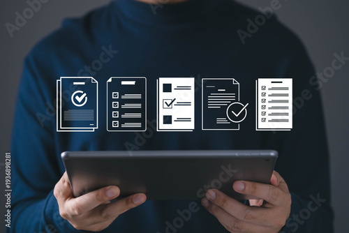Digital document management concept with checklist and approved files on tablet screen, symbolizing online verification, compliance control, business documentation process and workflow approval system