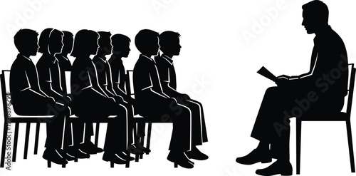 Black silhouette vector of a male teacher reading a book to a group of seated students in a school classroom