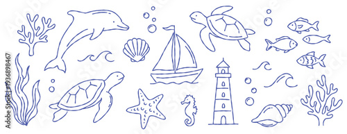 Marine ocean sea nautical vector illustration outline line set collection elements doodle sketch drawing dolphin turtle boat lighthouse seahorse starfish