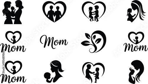 Motherhood love icon set, mom and child silhouettes, family bonding symbols, heart shaped designs, maternal care concept, minimal black vector collection