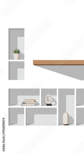 A pixel art interior scene features a minimalist arrangement of white shelves and niches on a light grey wall, holding various decorative objects.