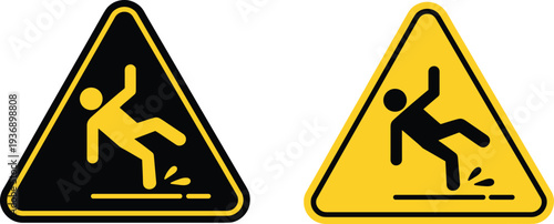 Set of caution wet floor sign vector illustration, slippery surface warning icons for industrial safety and prevention