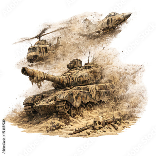 fading remnants of war machines, abandoned military vehicles illustration, decayed tanks and artillery, post-apocalyptic battlefield scene, rusted war machines graphic, destroyed armored vehicles art,