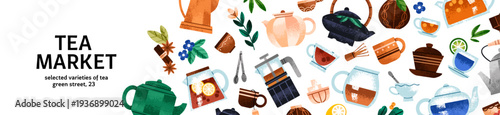 Advertising banner with tea ceremony items. Design of store promotion with different teapots, kettles and cups for herbal beverages. Layout with infusers for hot drinks. Flat vector illustration.