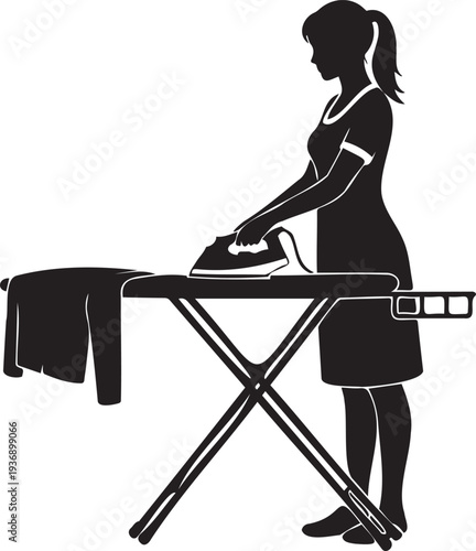 Silhouette woman ironing clothes on ironing board domestic chore
