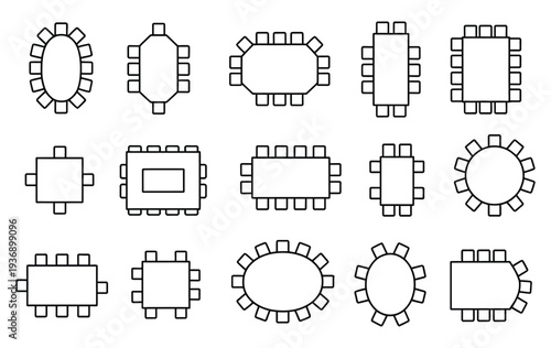 Seats arrangement plan with floor layout of chairs and tables for events such as conferences, seminars, and weddings, vector illustration
