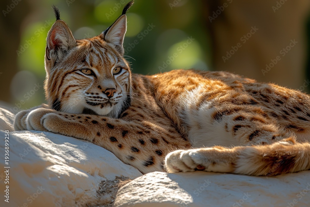 Fototapeta premium Lynx rests serenely on a rock, spotted fur and alert gaze