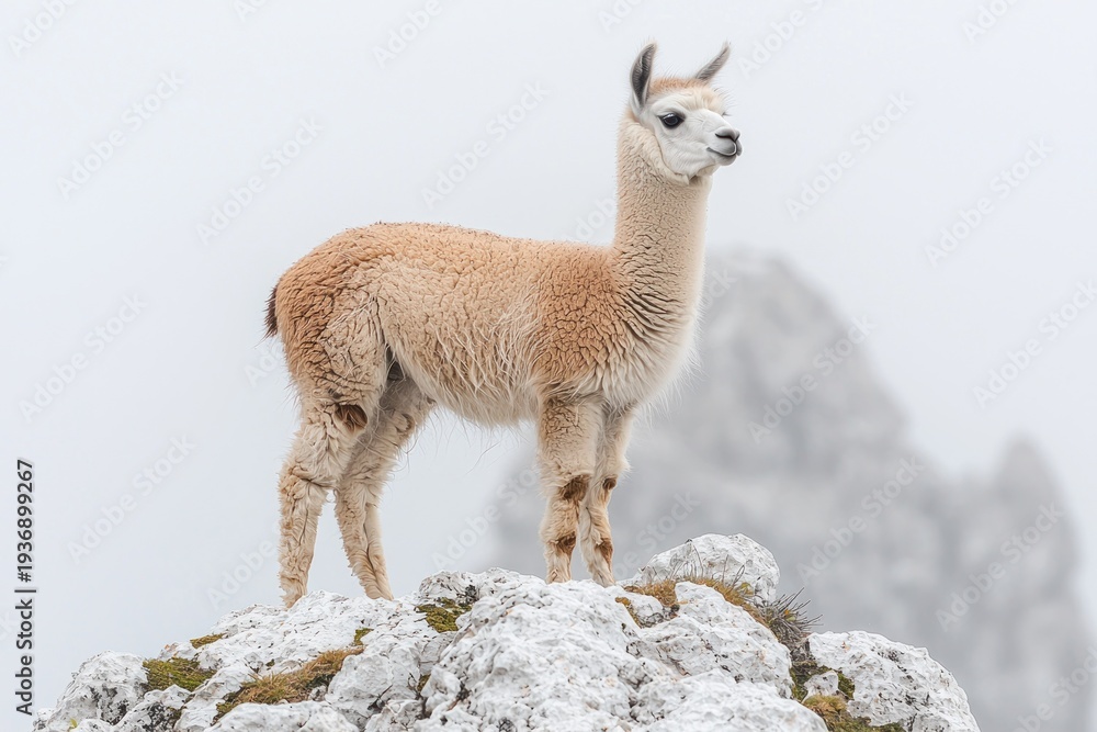 Obraz premium Llama stands on snowy rocks in overcast mountain range landscape, neutral colors