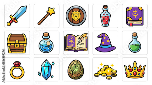 Fantasy icon set featuring magical objects and treasures in a cartoon style