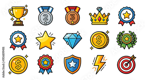 A vibrant icon set featuring various symbols and awards on a white background.