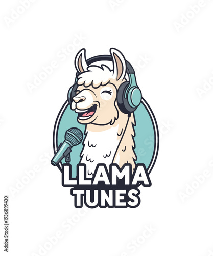 Charming llama character wearing headphones and singing into a vintage microphone for a music brand.