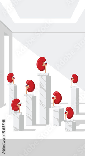 Seven vibrant red kidney models are displayed on white marble pedestals of various heights in a minimalist gallery setting.