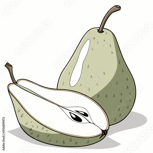 Green pear with smooth skin one whole and one cut in half