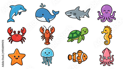 A colorful set of ocean icon illustrations featuring various marine animals on a white background.
