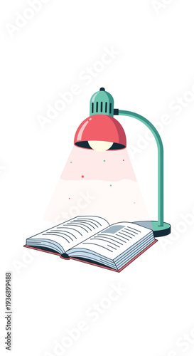 A retro-style desk lamp with a red shade and teal arm illuminates an open book with white pages on a clean white surface.