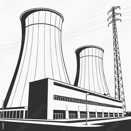 Black and white of nuclear power plant with cooling towers and transmission tower