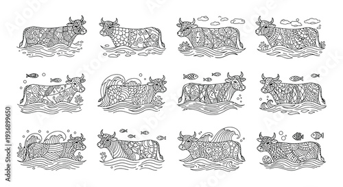 Intricate cow patterns with waves fish and foliage in a seamless design