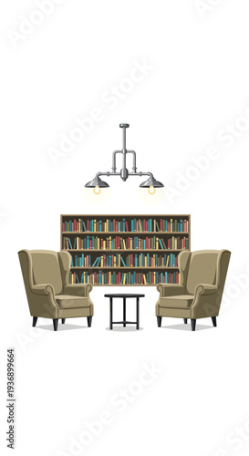 Two beige upholstered armchairs are positioned facing each other with a small dark table between them, in front of a full bookshelf under a chandelier.