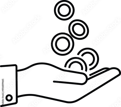 Coins being poured onto an open hand in a simple line drawing.