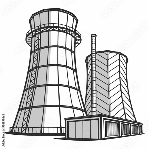 Cooling towers and industrial building grayscale industrial architecture