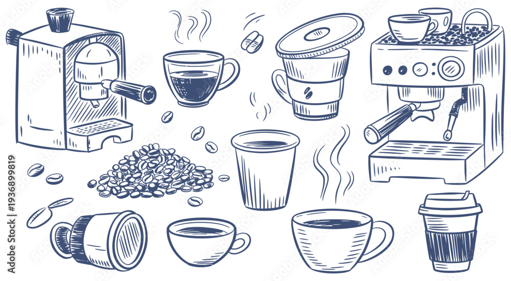 Obraz premium Hand drawn sketch collection of coffee making equipment, cups, and beans, perfect for a delightful morning beverage experience, illustrations ideal for cafe menus, packaging, and creative design proje