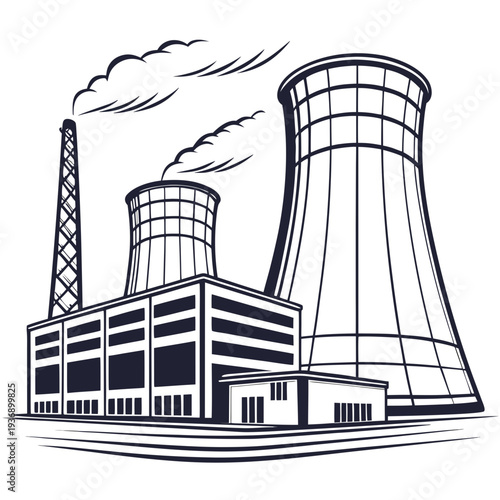 Nuclear power plant with cooling tower and smokestack