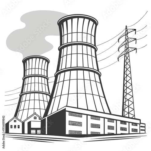 Black and white of industrial power plant with cooling towers