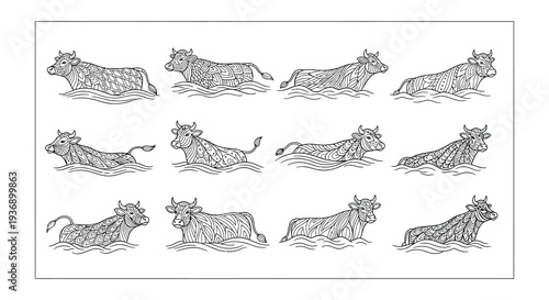 Intricate cow patterns with waves fish and foliage in a seamless design