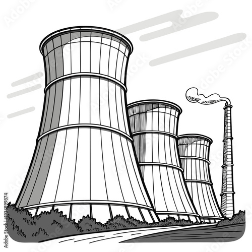 Cooling towers and smokestack of a power plant industrial 1