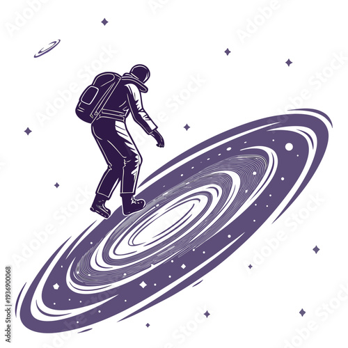 Astronaut on purple ringed planet with stars space
