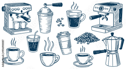 Hand drawn sketch collection of coffee making equipment, cups, and beans, perfect for a delightful morning beverage experience, illustrations ideal for cafe menus, packaging, and creative design proje