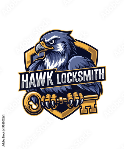 Fierce hawk gripping large stylized key illustrates powerful and secure professional locksmith service branding vector graphic design.