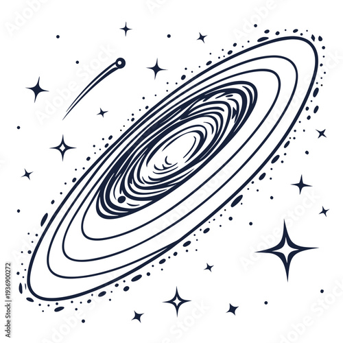 Navy blue of a cosmic spiral galaxy with stars white background