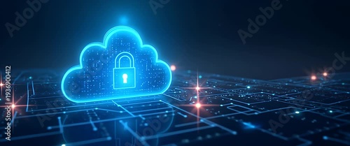 Futuristic digital cloud with lock icon gently pulses, surrounded by glowing circuit patterns; slow camera pan captures the cinematic essence of cybersecurity technology.